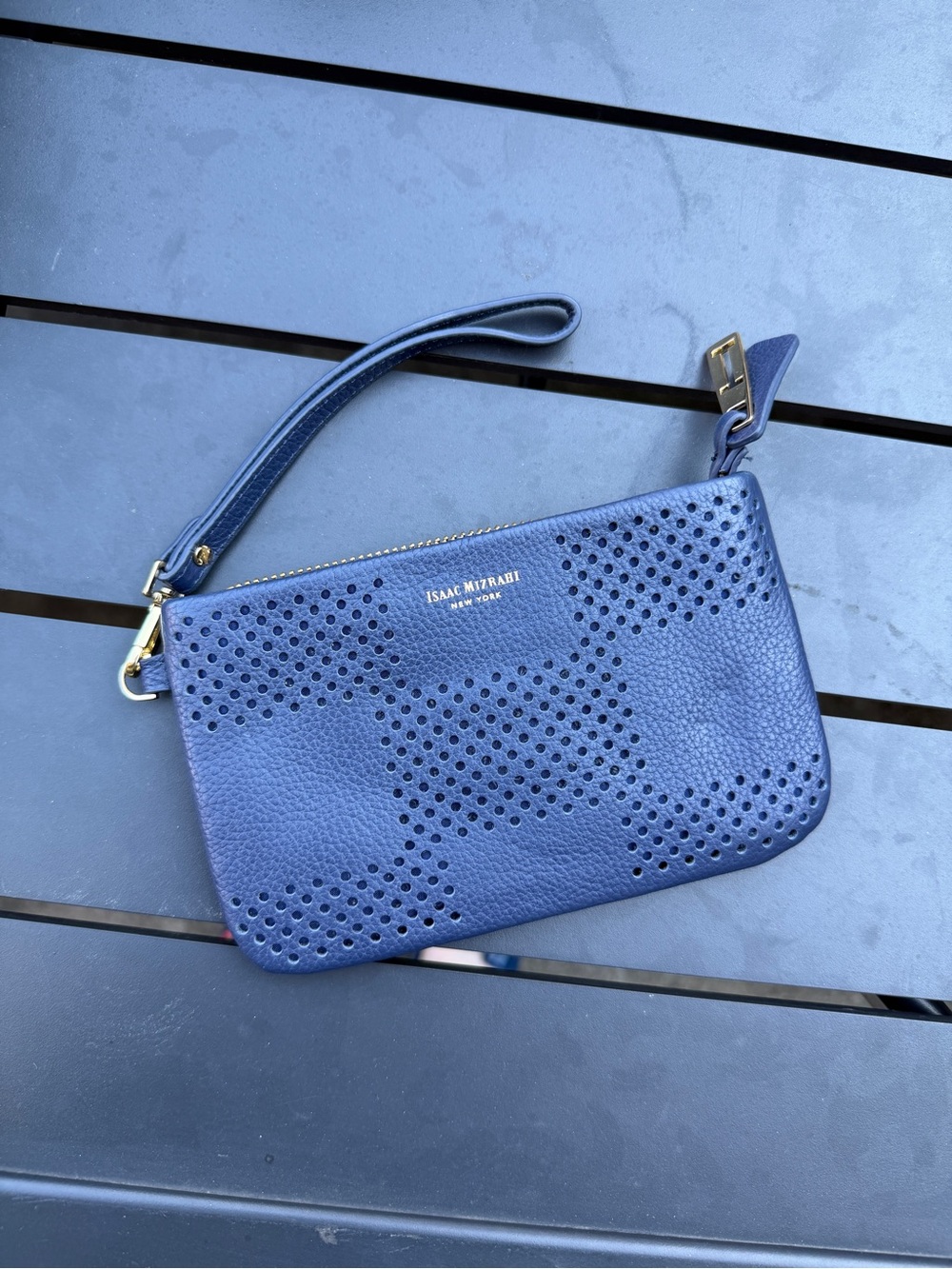 Isaac Mizrahi Perforated Navy Leather Wristlet with Gold Hardware